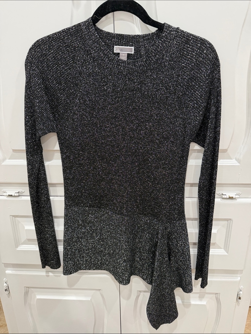 Chelsea28 Metallic Black Long-Sleeve Asymmetrical Hem Peplum Top